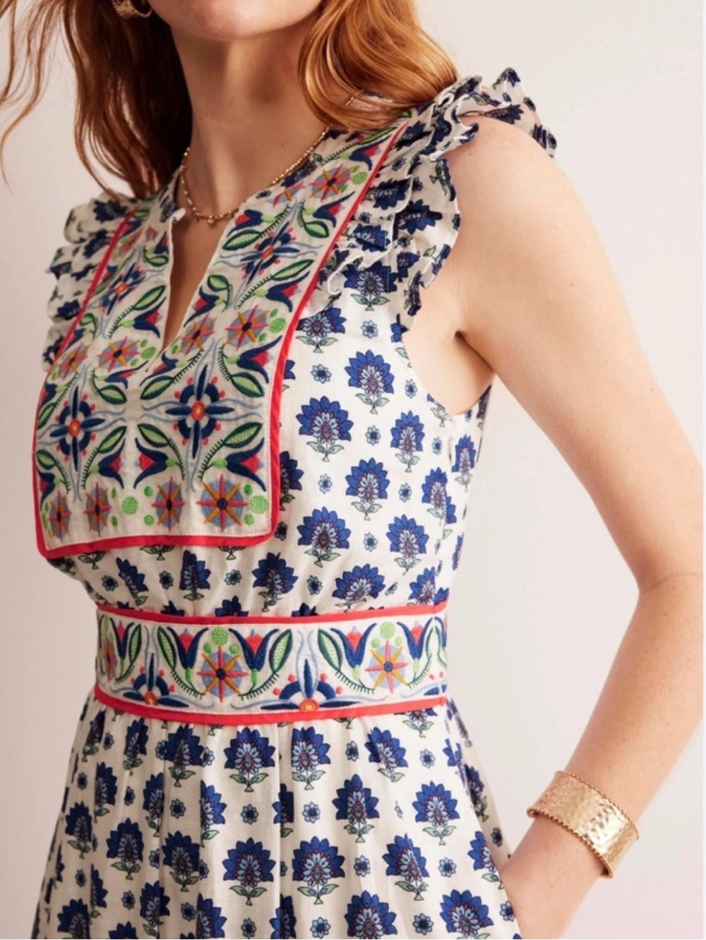 Boden Linen Cotton Frill Embroidered Midi Dress w/ POCKETS Blue & White 12 - Picture 2 of 10